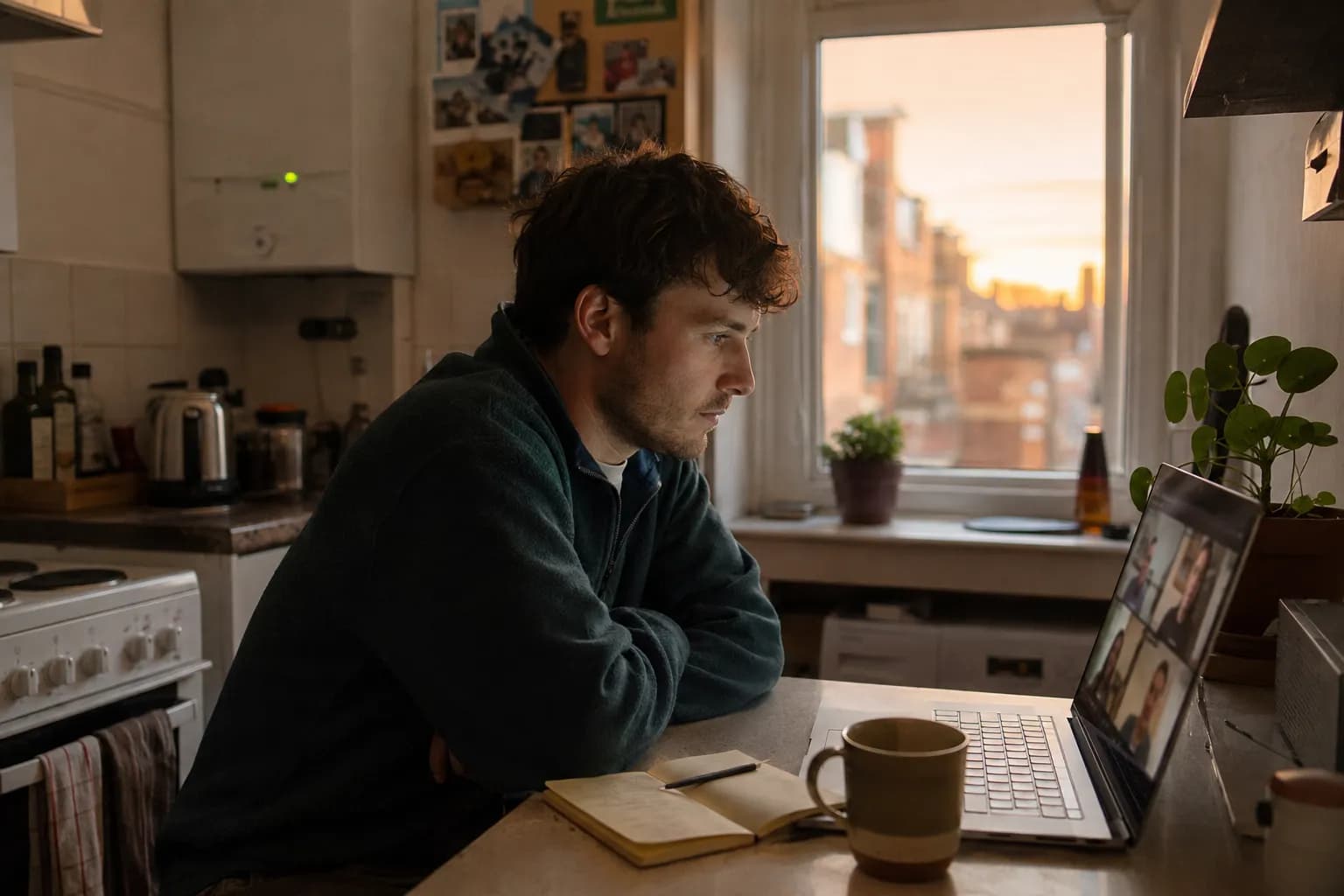 A recent graduate on a video call with an adviser, laptop and notebook on the kitchen counter of a rented flat at dusk.