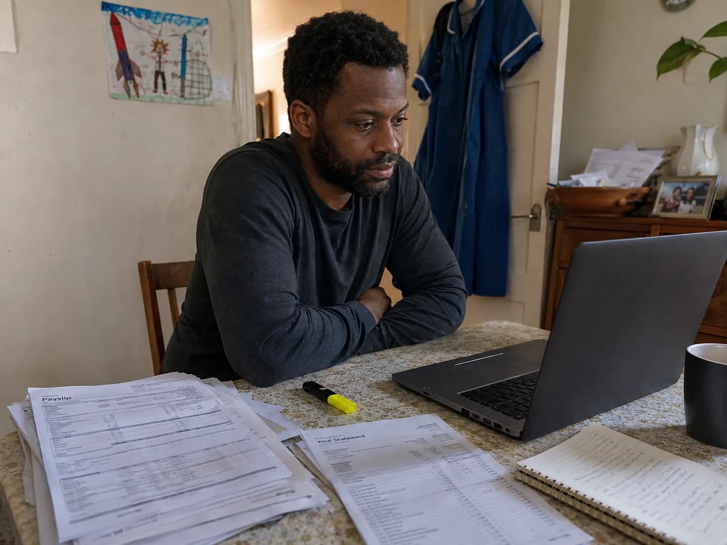 A healthcare worker on a video call with a mortgage adviser, printed NHS payslips and a bank statement spread across the table in front of him.