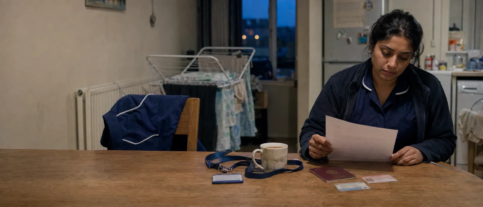 A nurse at her kitchen table after a shift, reading a sponsorship letter, with a passport, a biometric residence permit and a professional registration card on the table beside her.