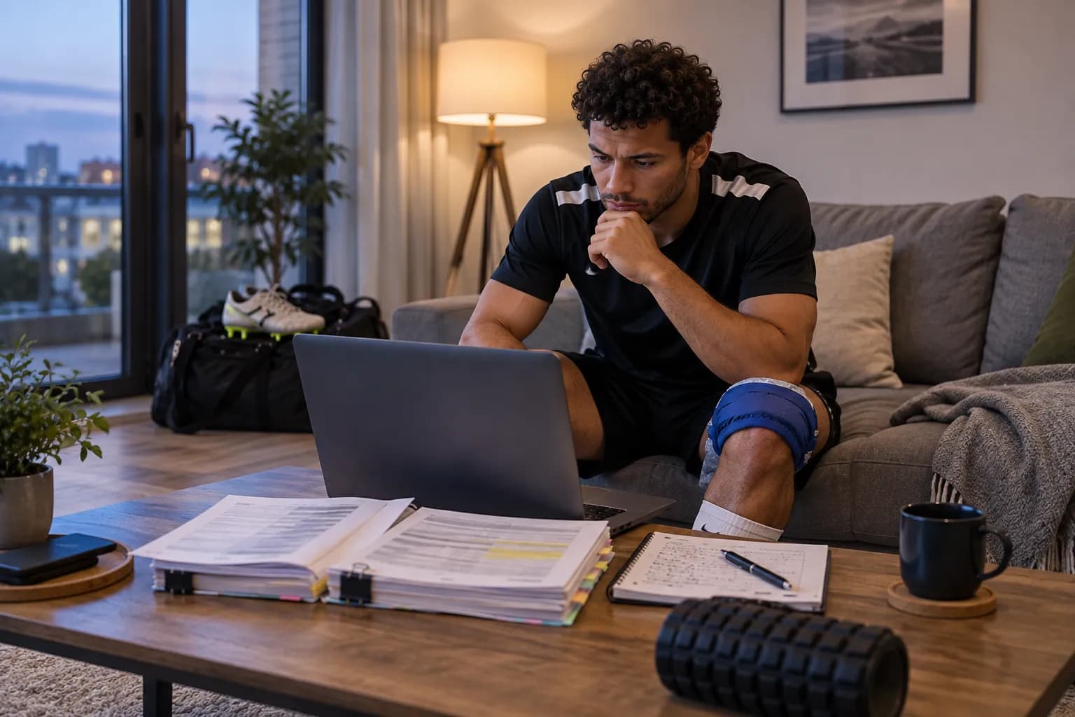 A professional athlete on a sofa after training, an ice pack on one knee, on a video call about his mortgage with his playing contract open on the coffee table.