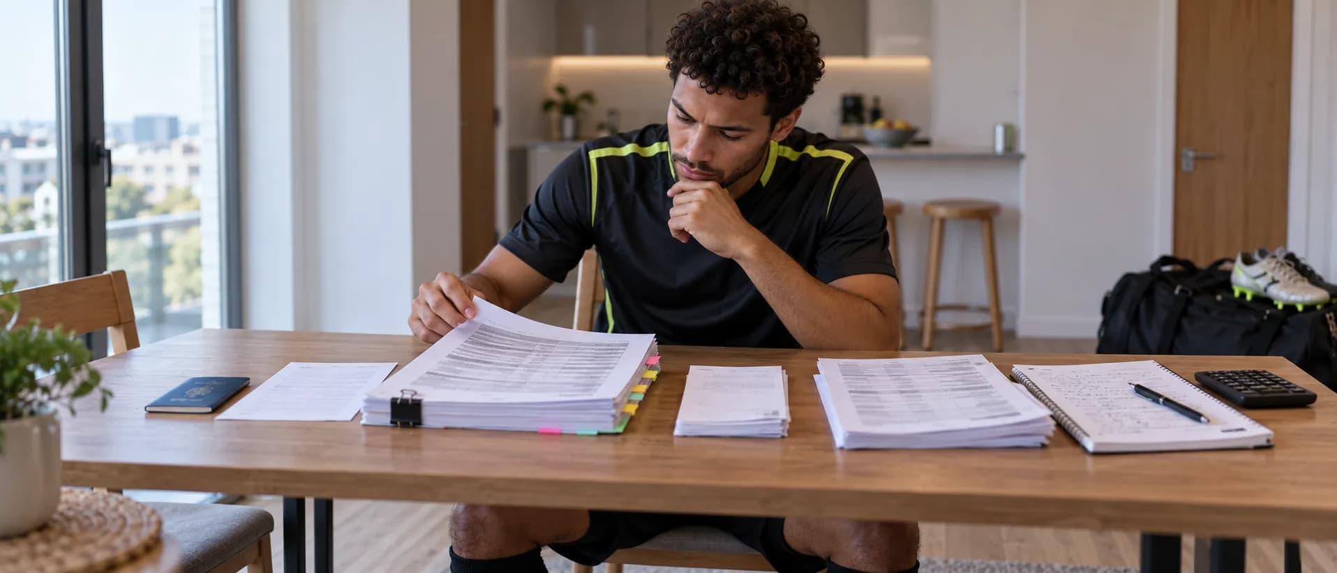 A professional footballer in training kit at a dining table in a modern flat, reading a thick playing contract flagged with coloured tabs, beside a passport, a thin clip of UK payslips and bank statements, with a sports bag and boots behind him.