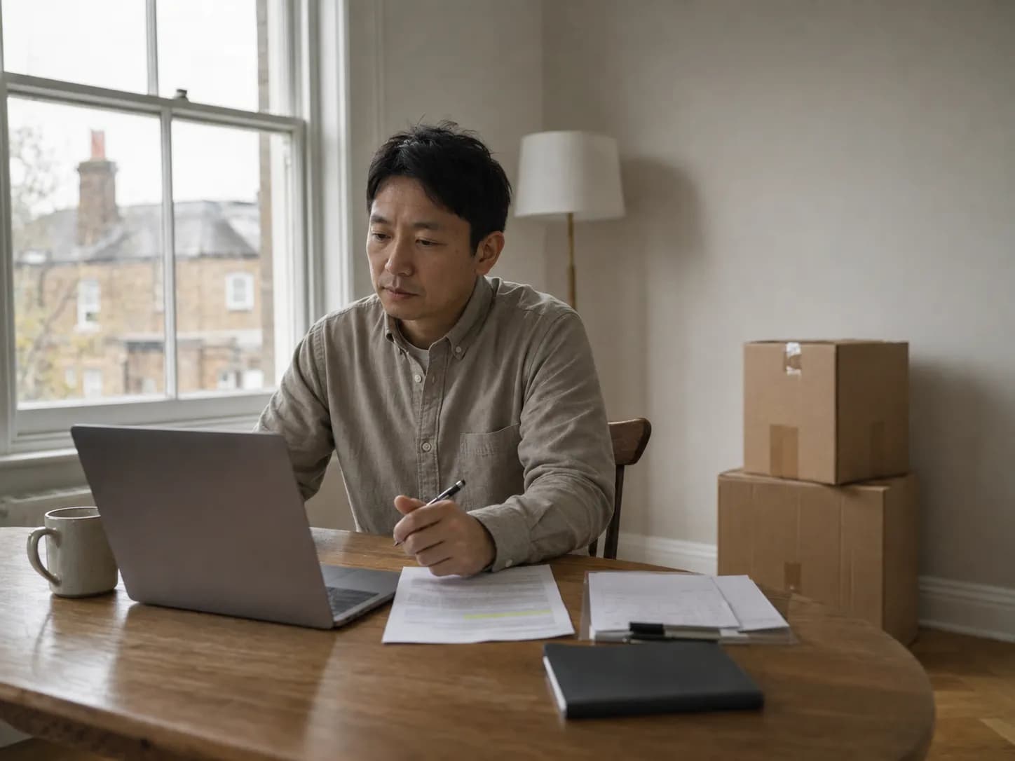 A recently relocated employee on a video call at a table in a half-unpacked flat, two closed moving boxes against the skirting board behind him, an assignment letter with one line highlighted and a thin clip of UK payslips in front of him.