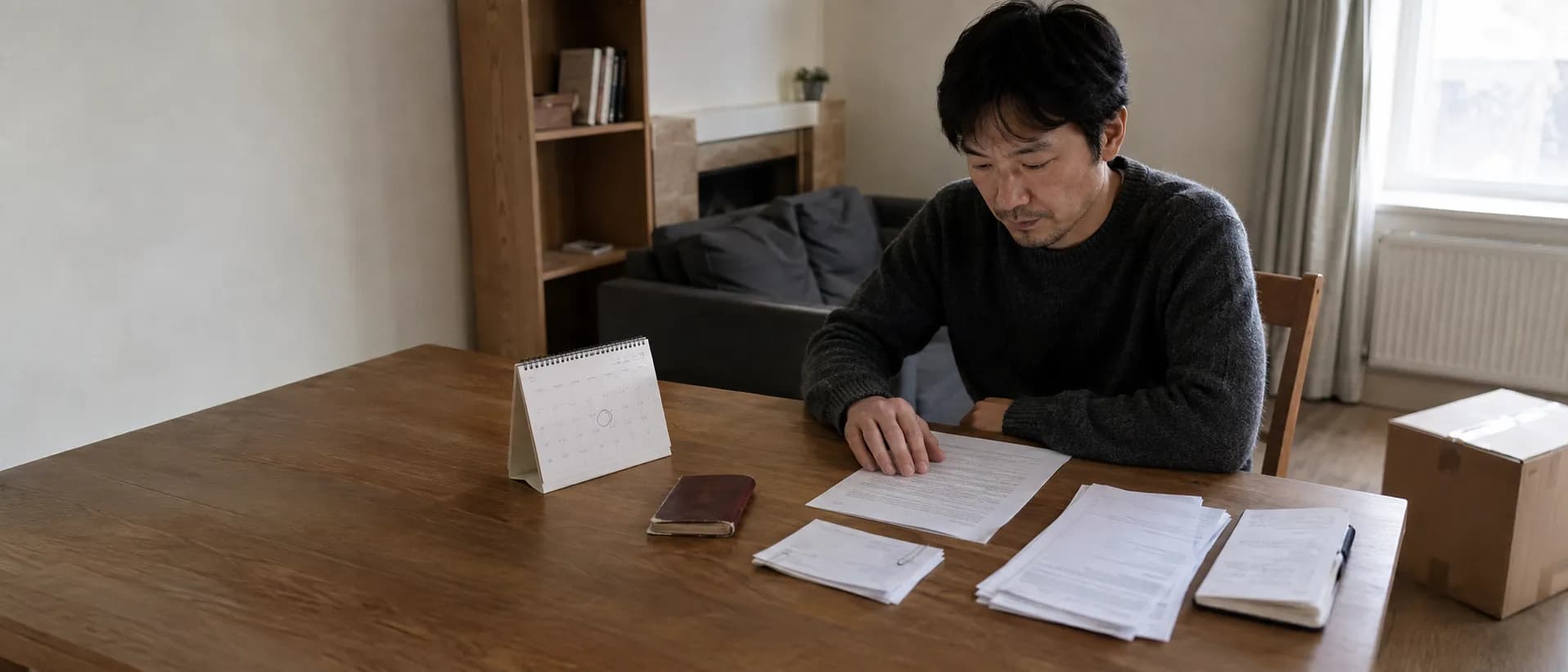 A dining table in a part-furnished rental flat where a recently transferred employee is assembling a mortgage file — an assignment letter, a calendar with a date ringed, a passport, a thin clip of two or three UK payslips and a longer run of bank statements, with a half-taped moving box at the edge of the frame.