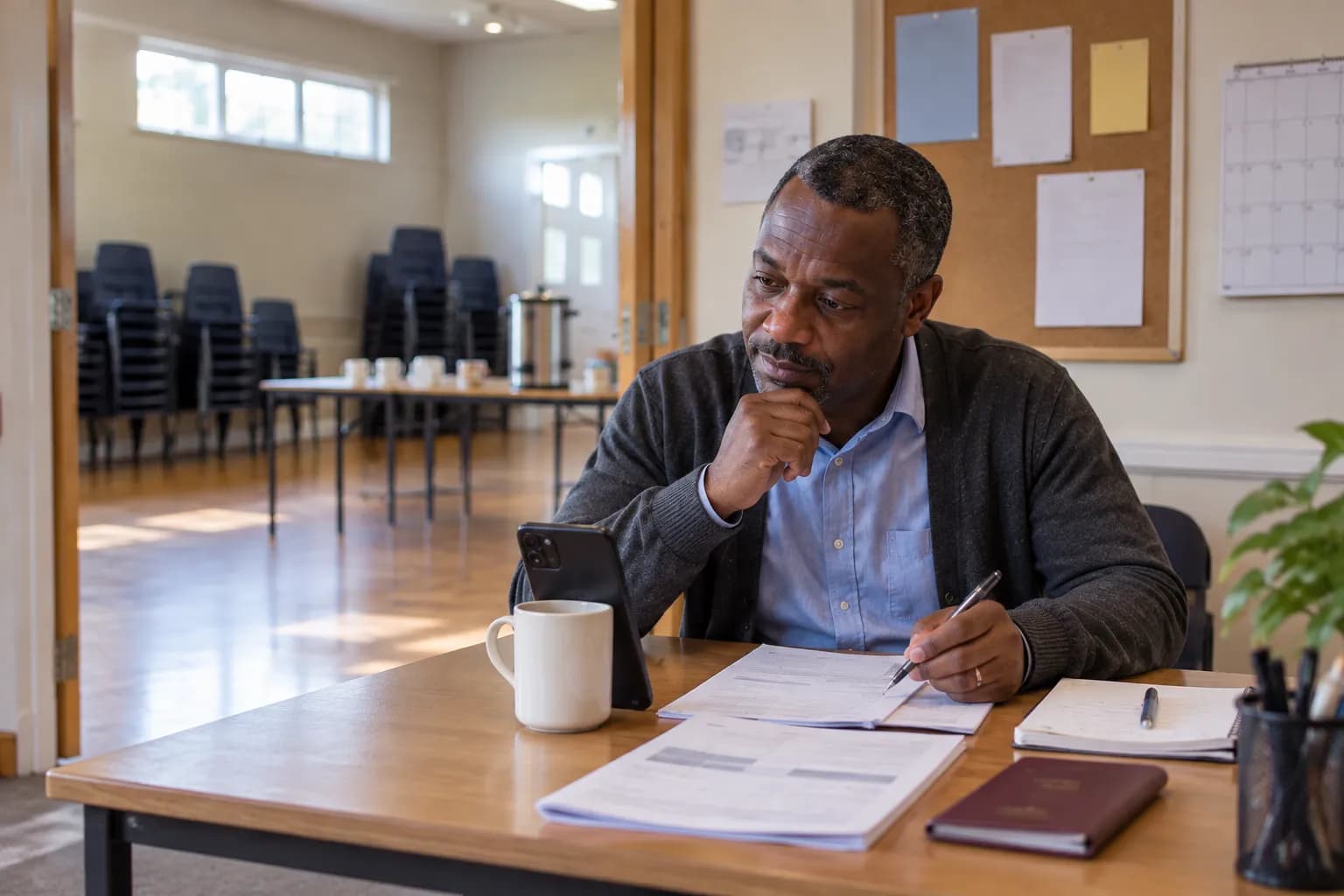 A man in the side office of a community hall on a phone call about his mortgage, a letter and payslips in front of him, with stacked chairs in the hall behind.