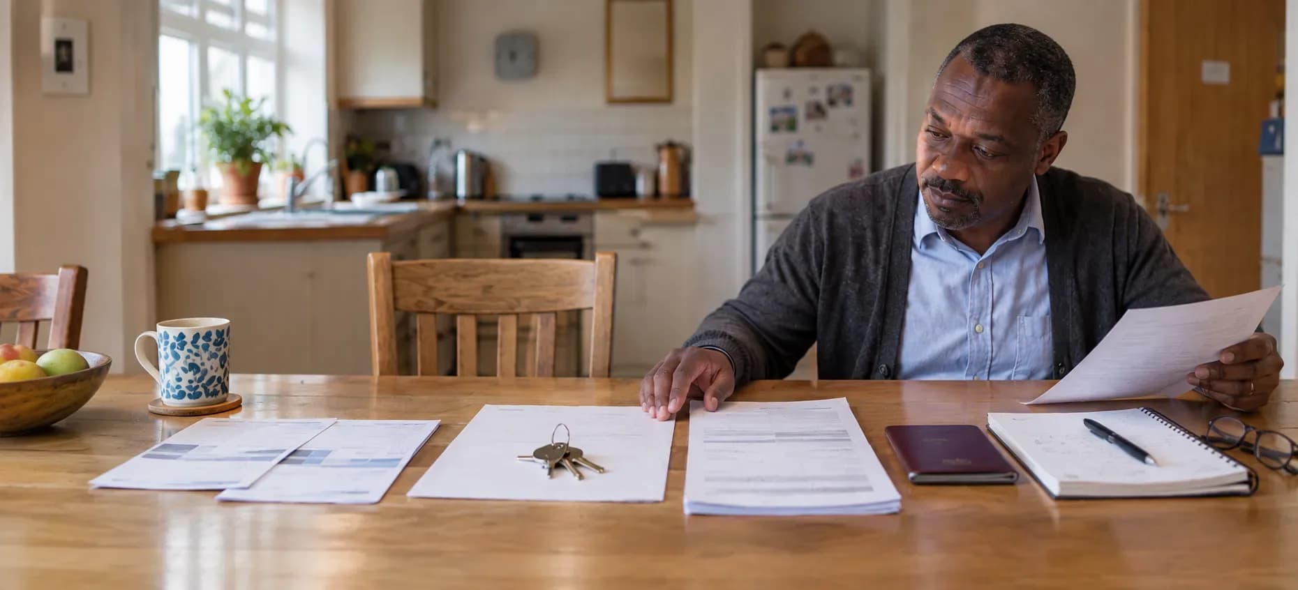 A man at a kitchen table putting a mortgage file together, one hand on a letter with a set of house keys resting on it, beside a short clip of payslips, bank statements and a passport.