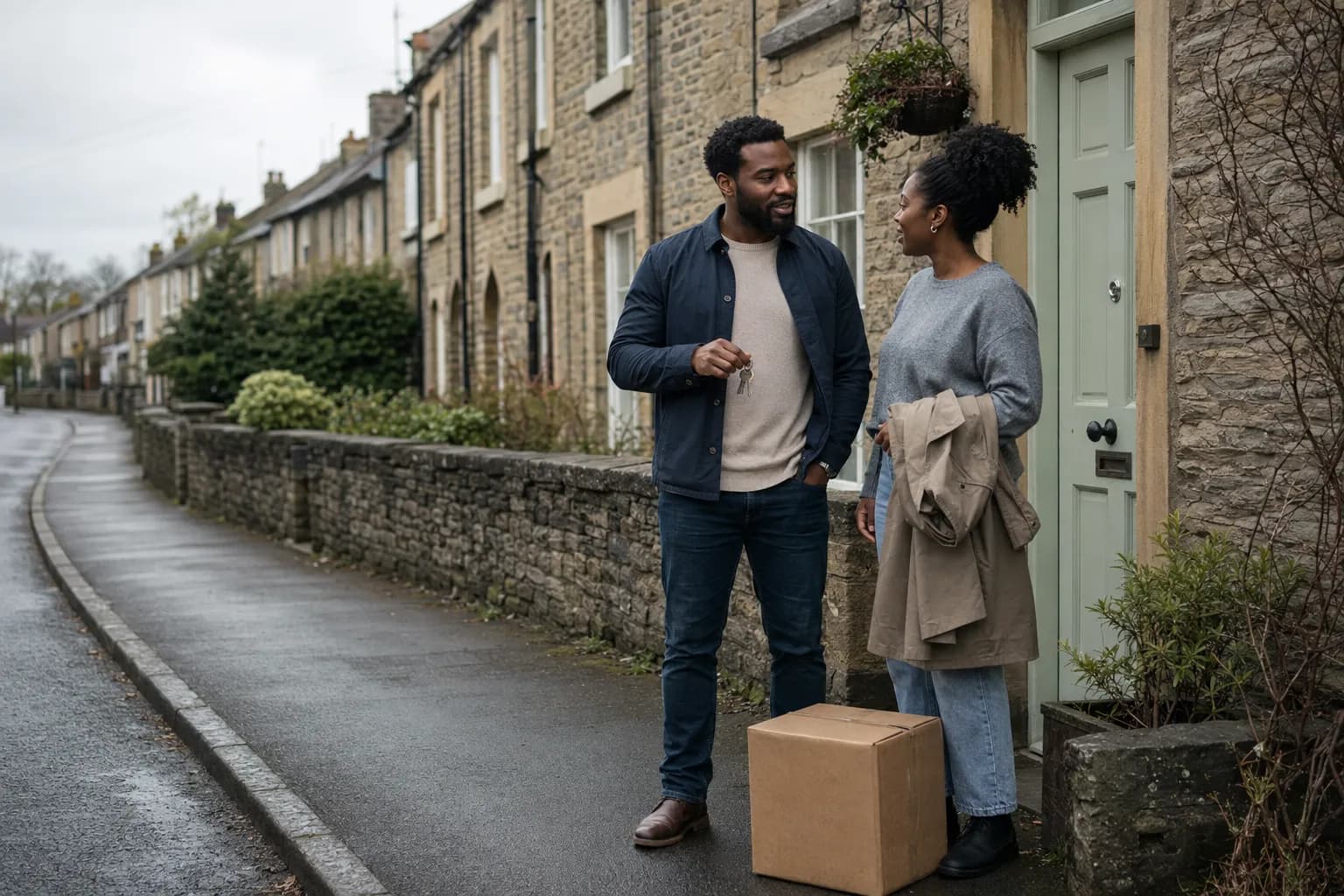 A couple standing outside their new home, a stone-fronted terraced cottage on a market-town street, one of them holding the keys.