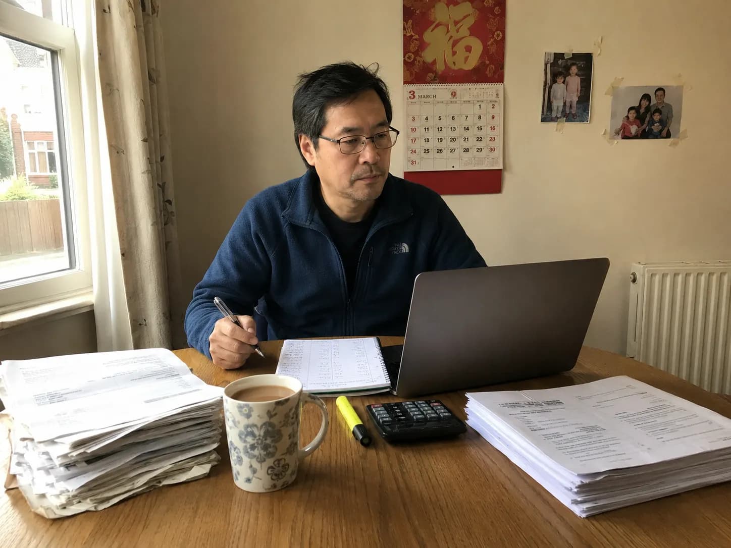A man on a video call with a mortgage adviser at his dining table, two separate stacks of printed bank statements in front of him — one from Hong Kong, one from the UK — with a highlighter and calculator between them.