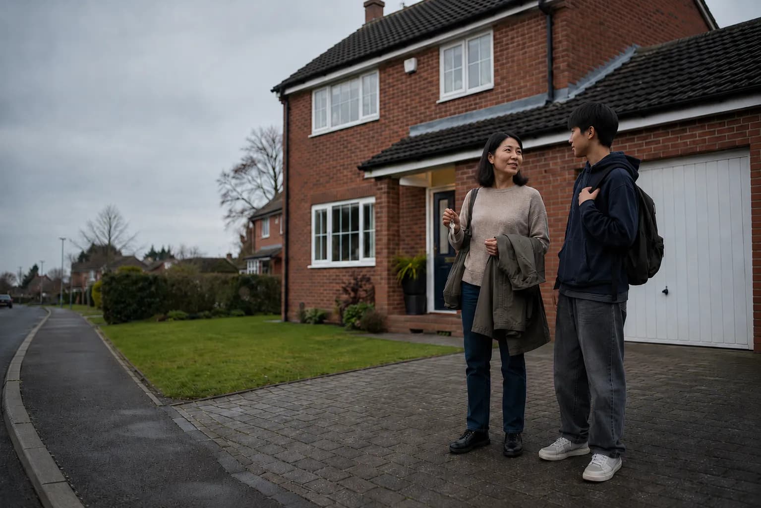 A BNO visa holder and her teenage child standing on the driveway of their new home, a modern red-brick house on a British estate, holding the keys.