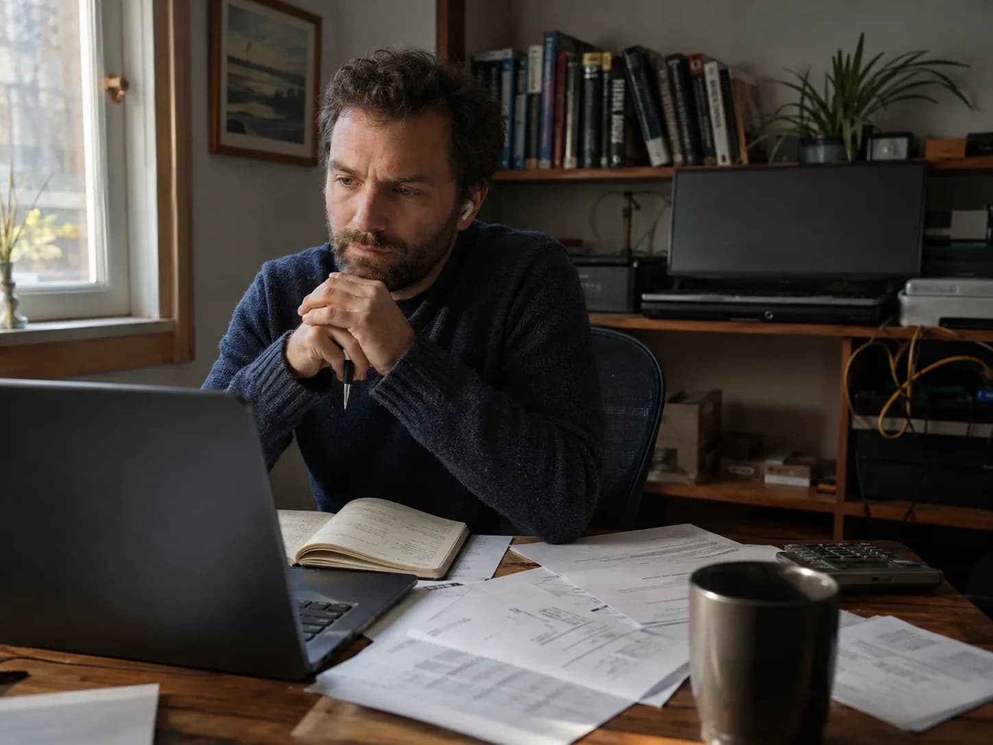 A self-employed Global Talent visa holder on a video call with an adviser, printed accounts spread across the desk.