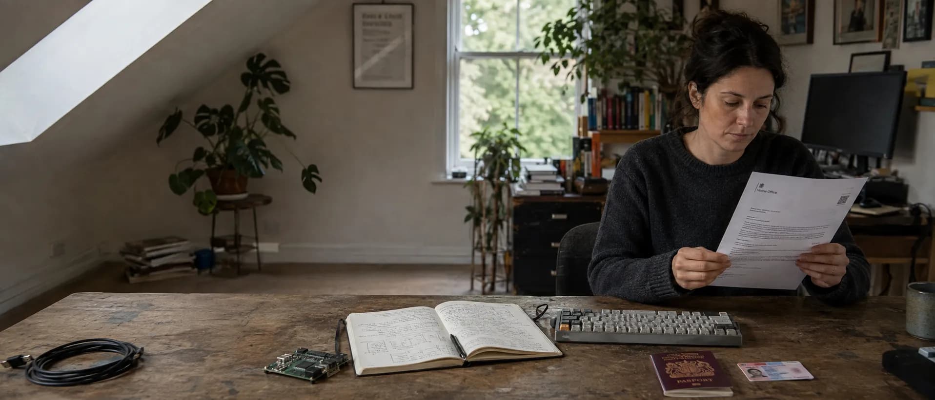 A Global Talent visa holder at a home-office desk reading an endorsement letter, with a passport and biometric residence permit card beside it.