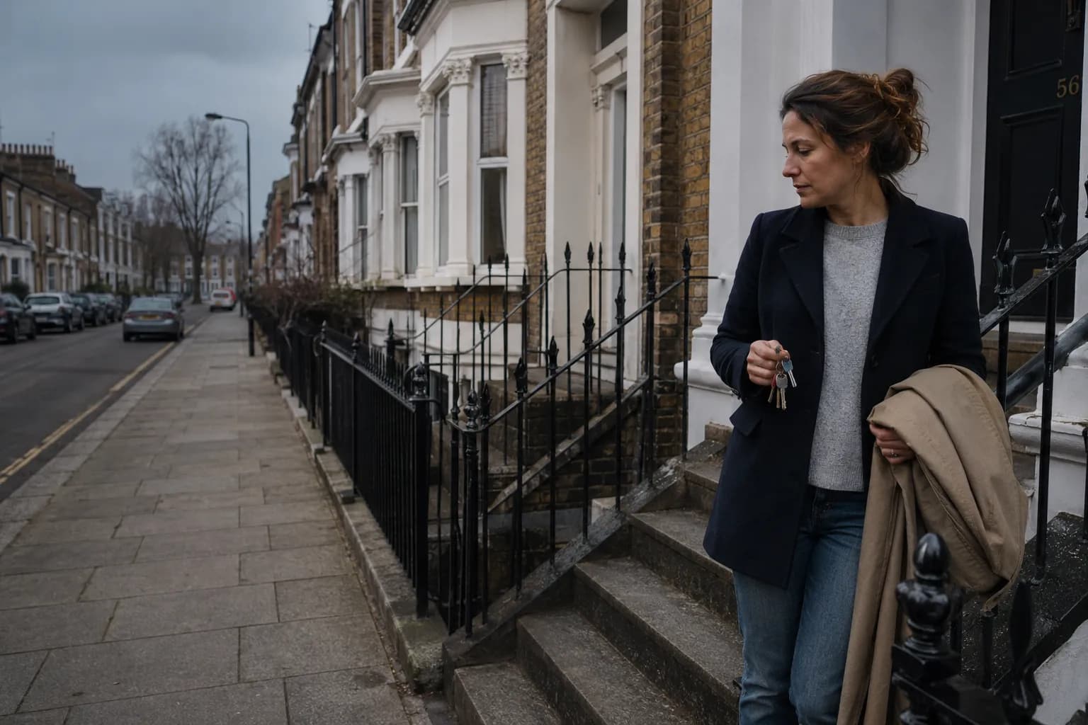 A Global Talent visa holder on the front steps of a Victorian townhouse, holding the keys to their new home.
