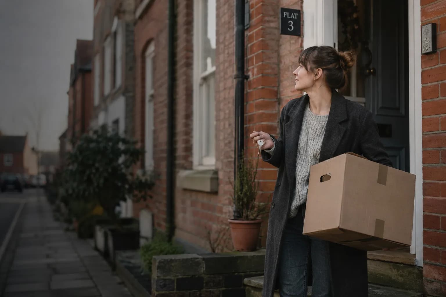 A recent graduate on the front step of a red-brick converted flat, holding a set of keys and a moving box.