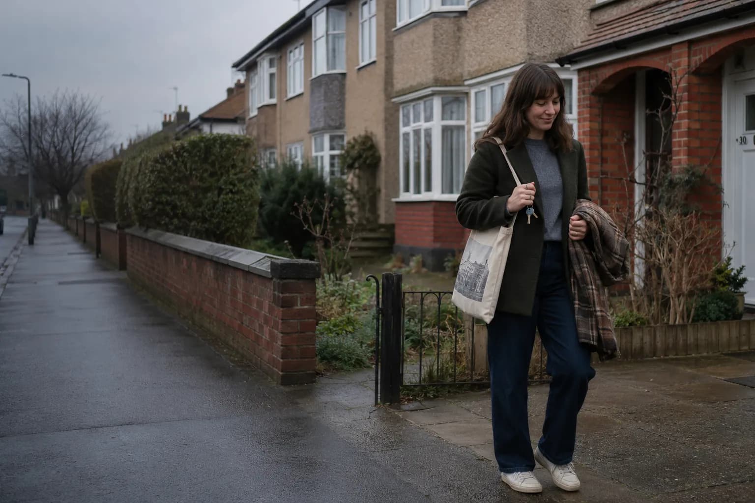 A Health & Care Worker visa holder standing outside her new home, a 1930s British semi-detached house, holding the keys.