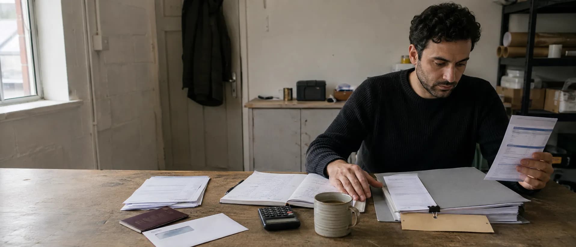 A founder at a work table with two separate sets of paper — a bound set of company accounts and business bank statements on one side, a thin stack of personal statements and a passport on the other — comparing one against the other.