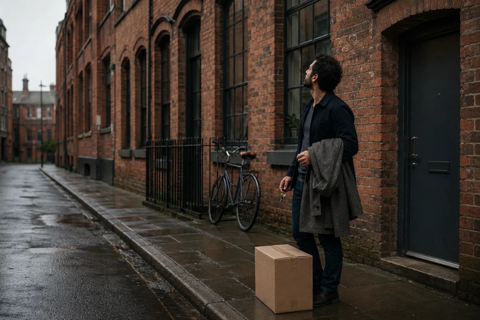 A founder standing outside a converted red-brick warehouse apartment building on a city side-street, holding a set of keys with a moving box at their feet.