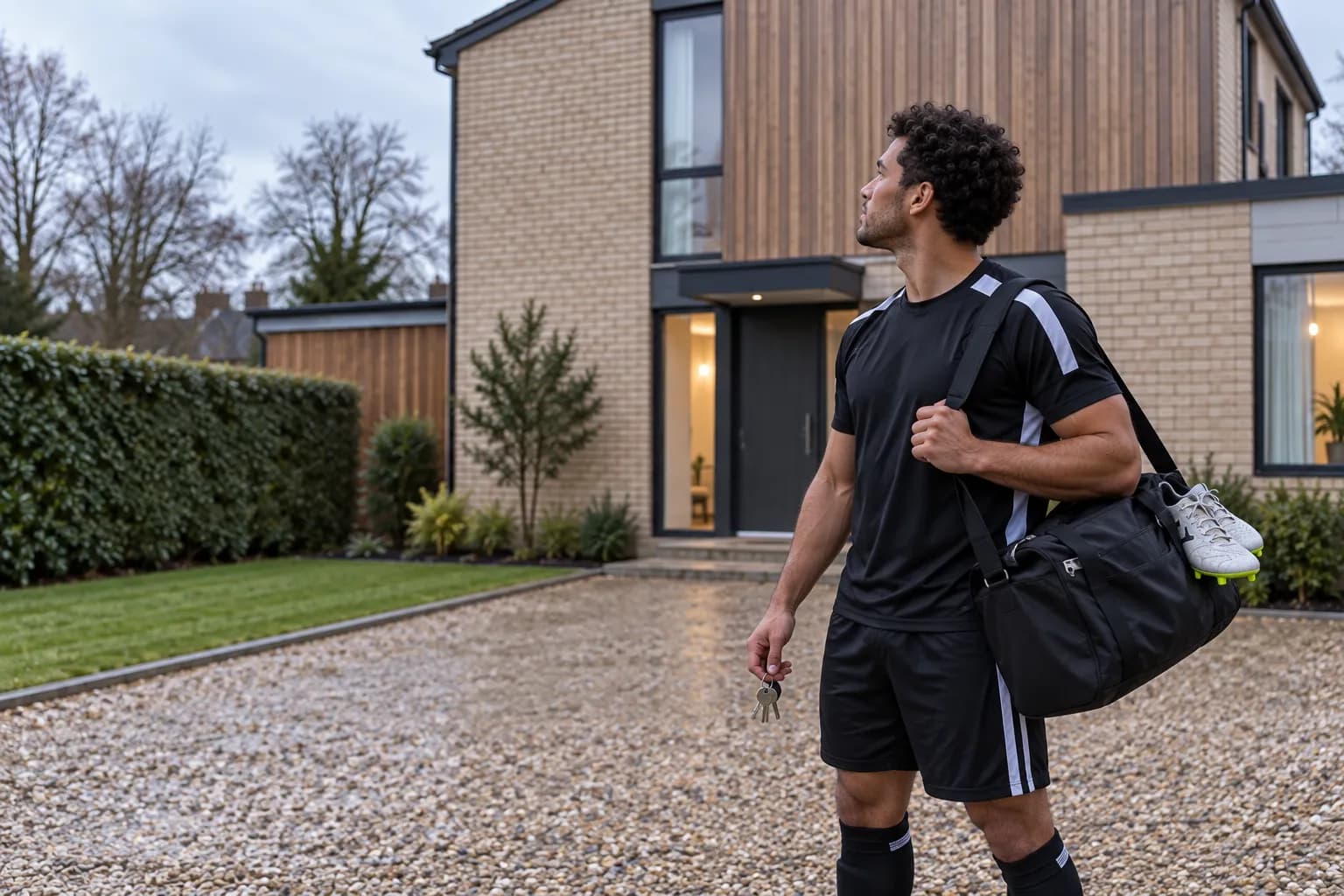 A professional athlete on the gravel drive of a contemporary detached house, holding the keys to his new home with a sports bag over his shoulder.