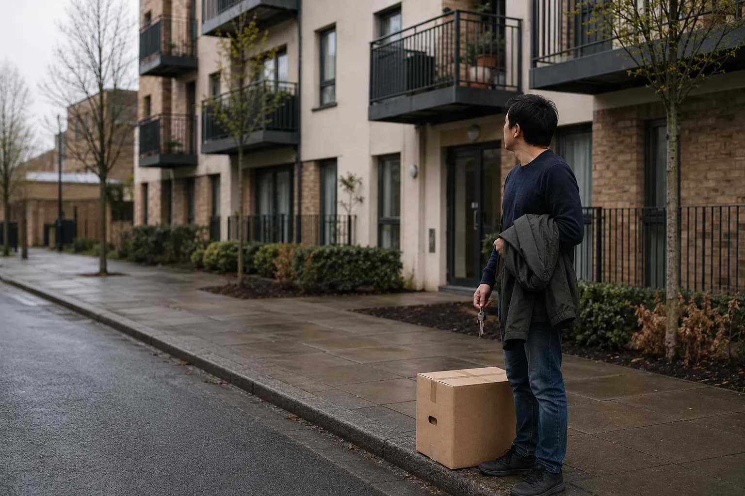 A person standing on the pavement outside a modern low-rise apartment building on a quiet city-fringe street, holding a set of keys with a coat over one arm and a moving box at their feet, looking back up at the building.