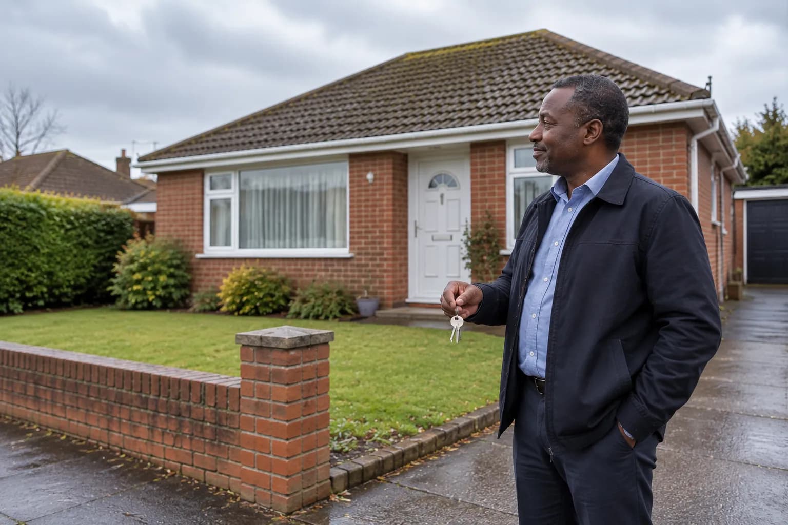 A man on the front path of a modest brick bungalow, holding the keys to his new home and looking up at the house.