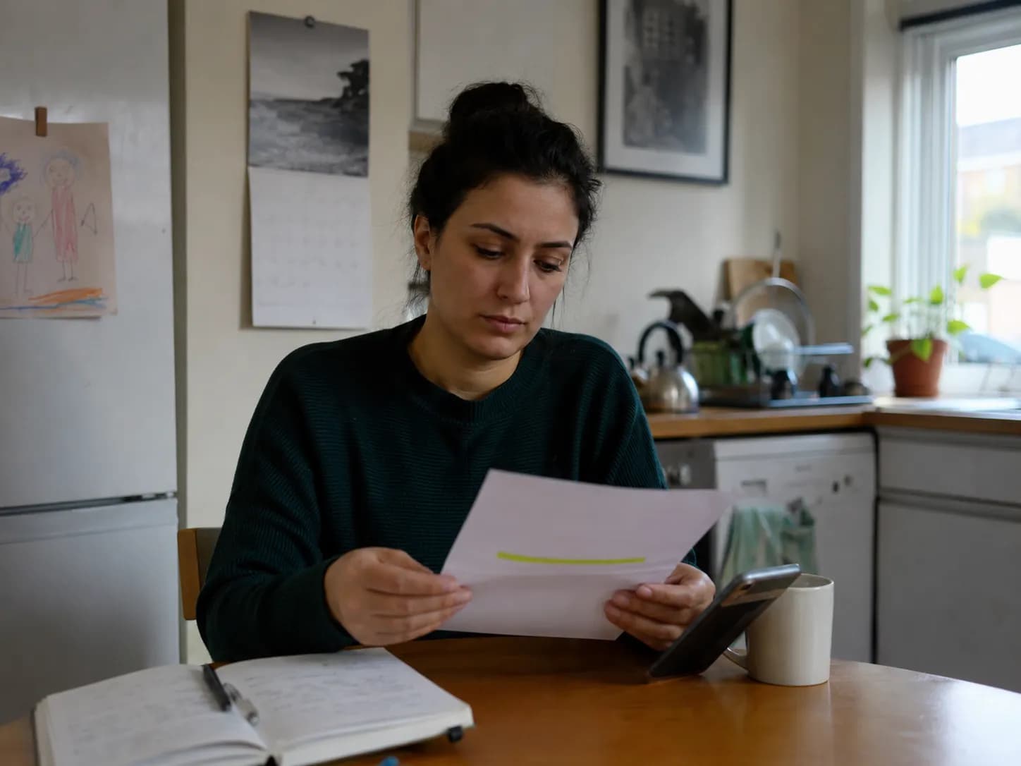 A woman at a small table in a settled British rented kitchen, mid-conversation with her phone propped against a mug on speaker, both hands holding a printed letter with one line marked in highlighter.