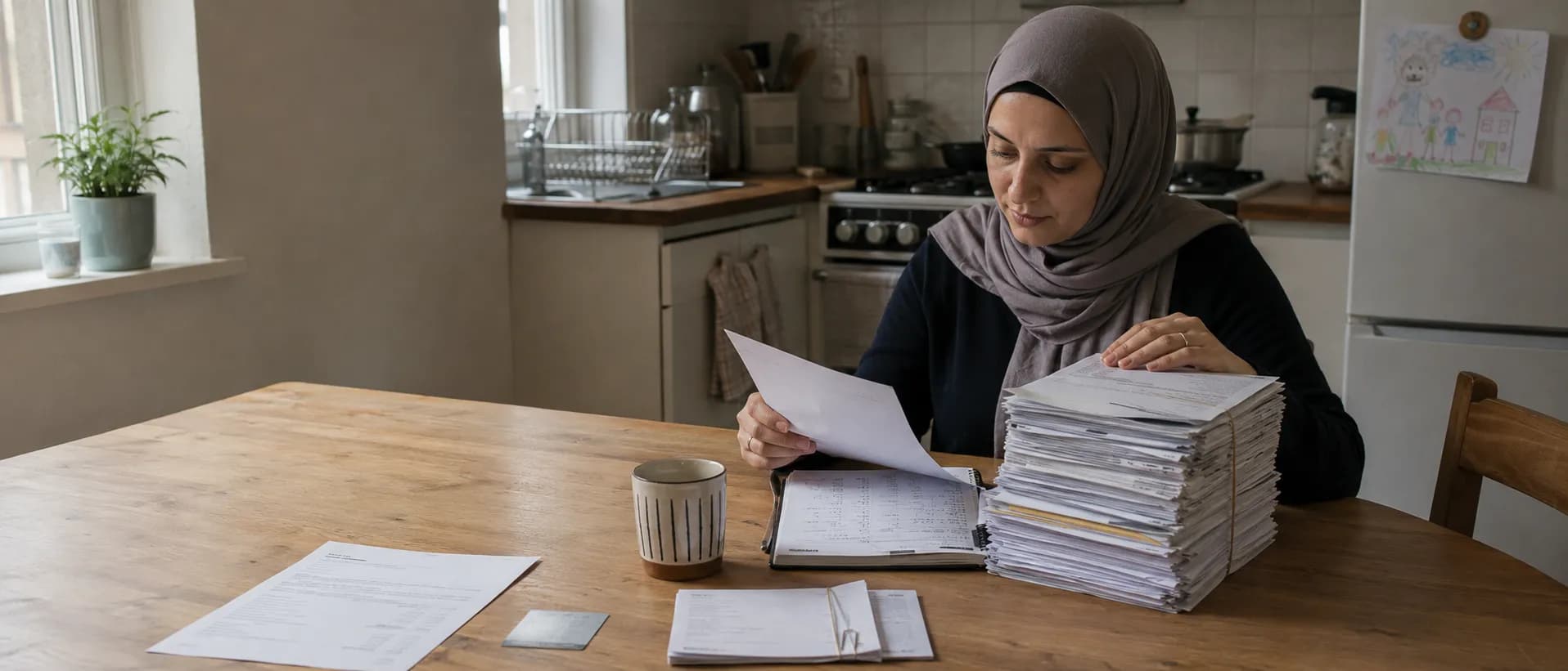 A kitchen table in a settled British rented flat where a woman is assembling a mortgage file — a Home Office letter, a residence permit card, a deliberately thin clip of two or three UK payslips, and beside them a much taller stack of rent receipts, tenancy papers and utility bills.