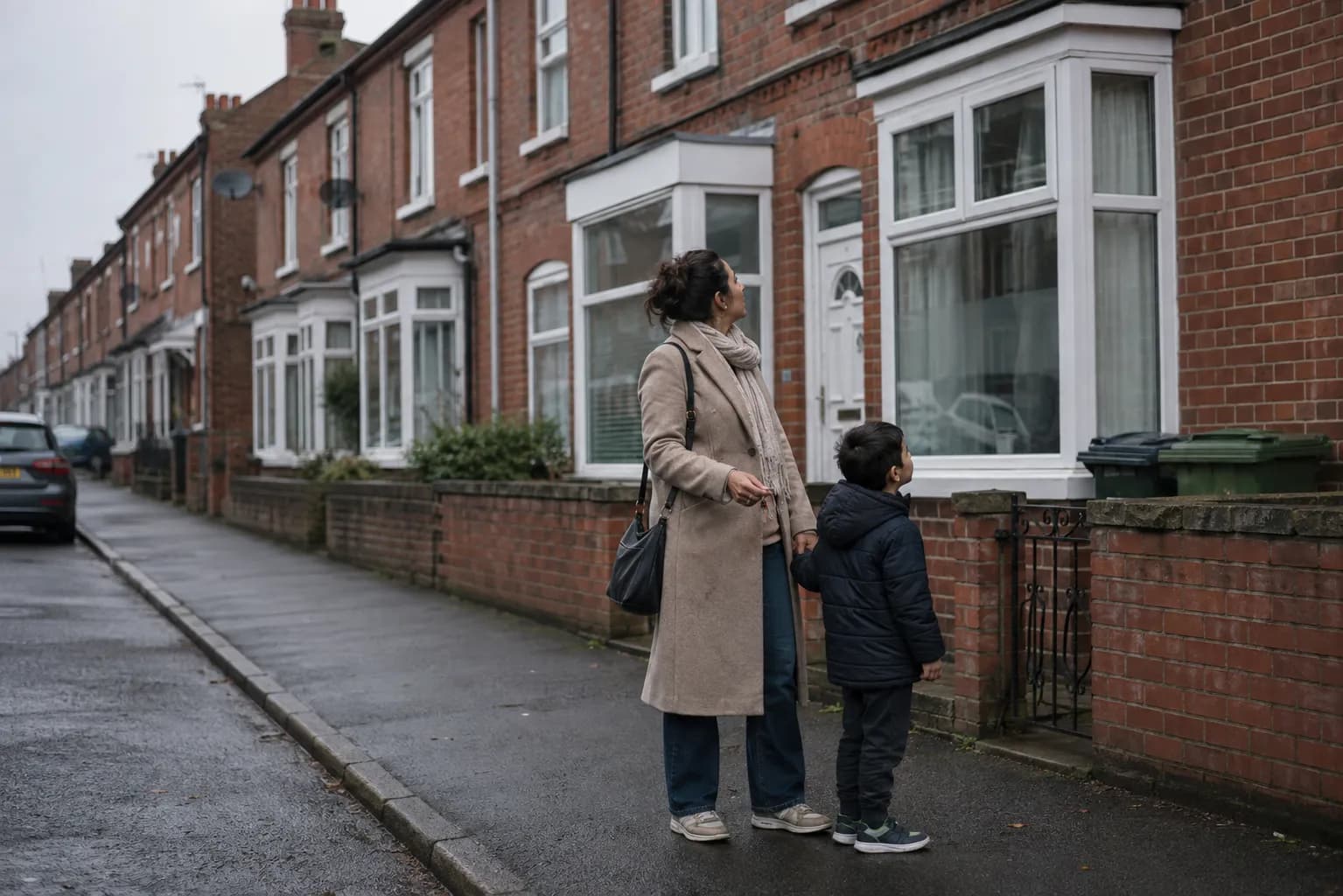 A woman standing on the pavement outside a modest post-war brick mid-terrace house on an ordinary residential street, holding a set of keys and looking up at it, a school-age child beside her holding her other hand.