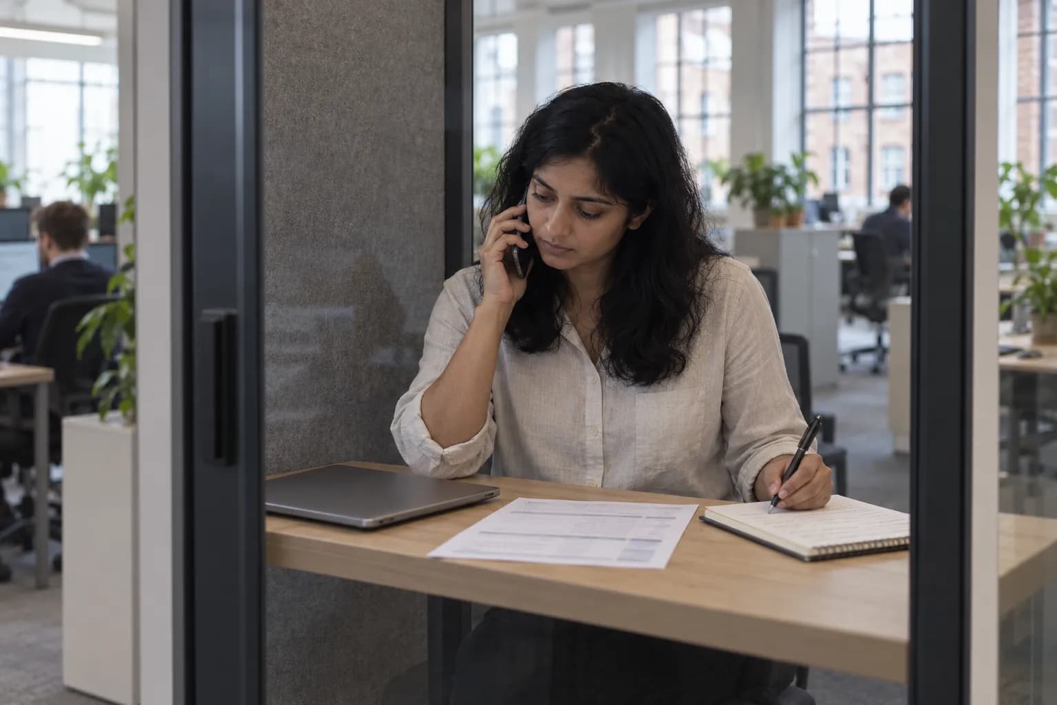A woman in a glass phone pod in an open-plan office, on a phone call about her mortgage with a payslip and a notebook on the ledge in front of her.