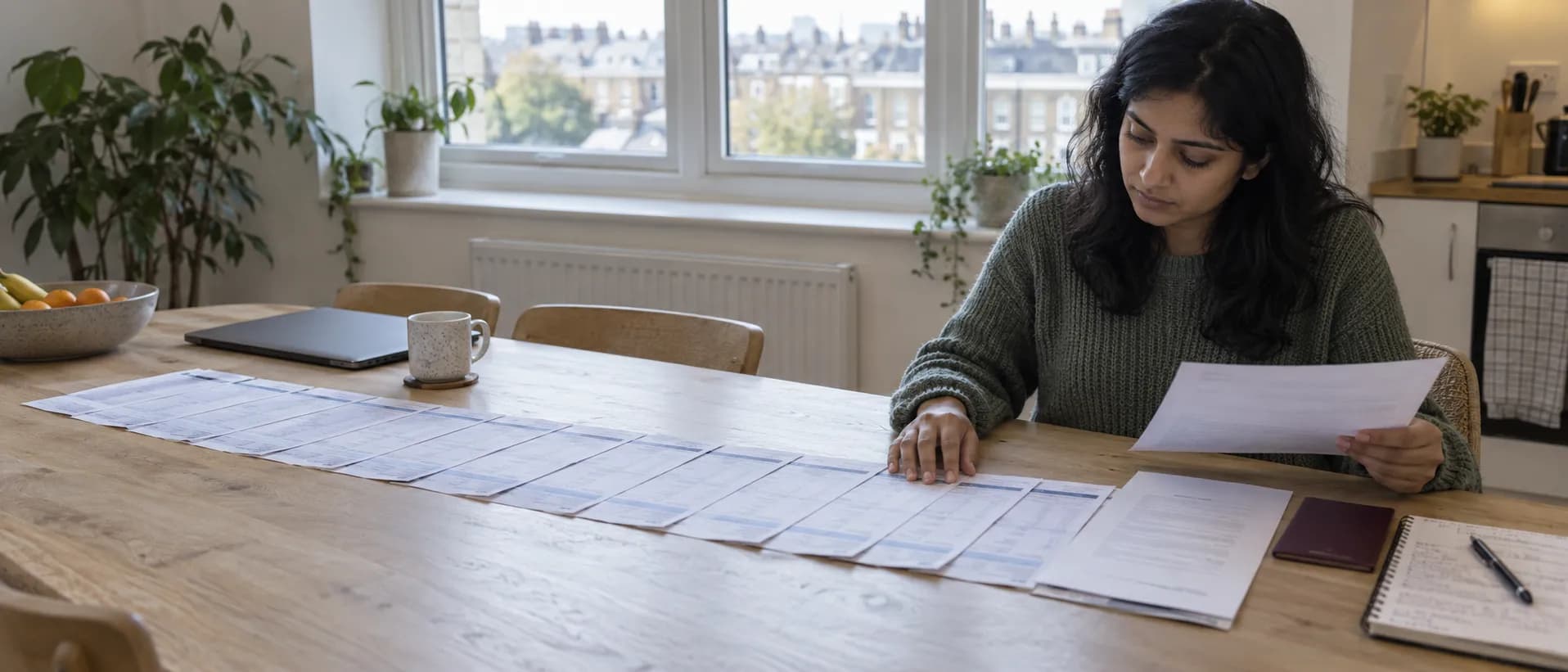A woman at a table under a window in a modern flat putting a mortgage file together, one hand on a long row of monthly payslips laid out beside a P60, a letter and a passport.