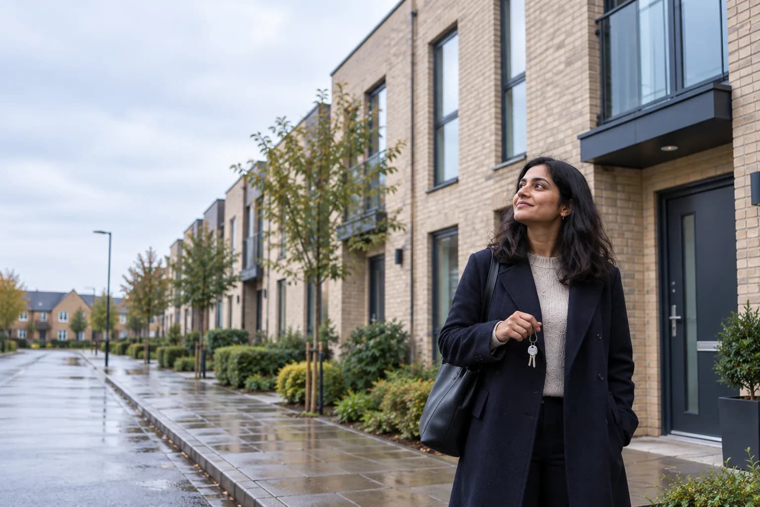 A woman on the pavement outside a modern three-storey townhouse, holding the keys to her new home and looking up at it.