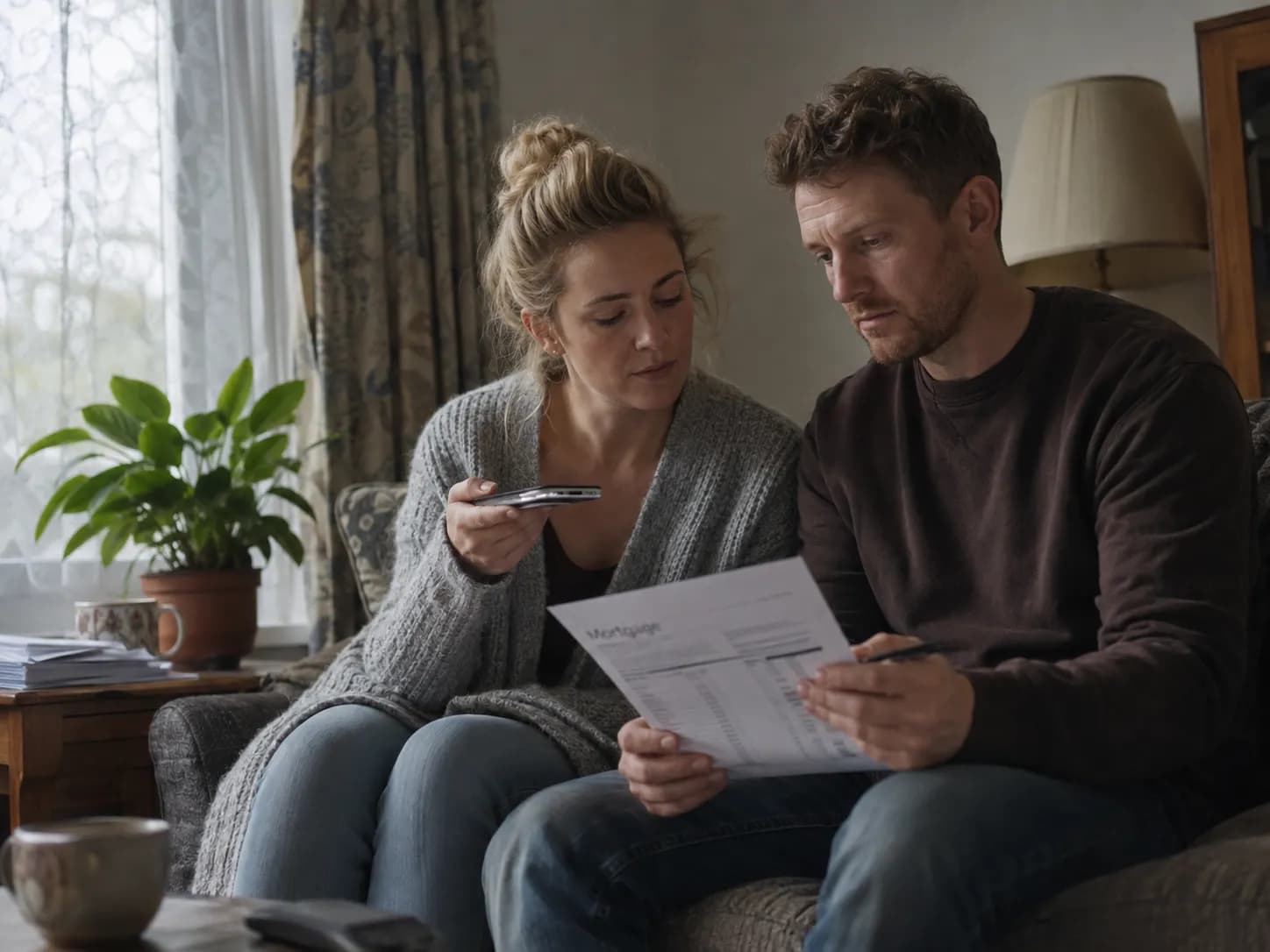 A couple on the sofa working through a mortgage document together while on a call to their adviser.
