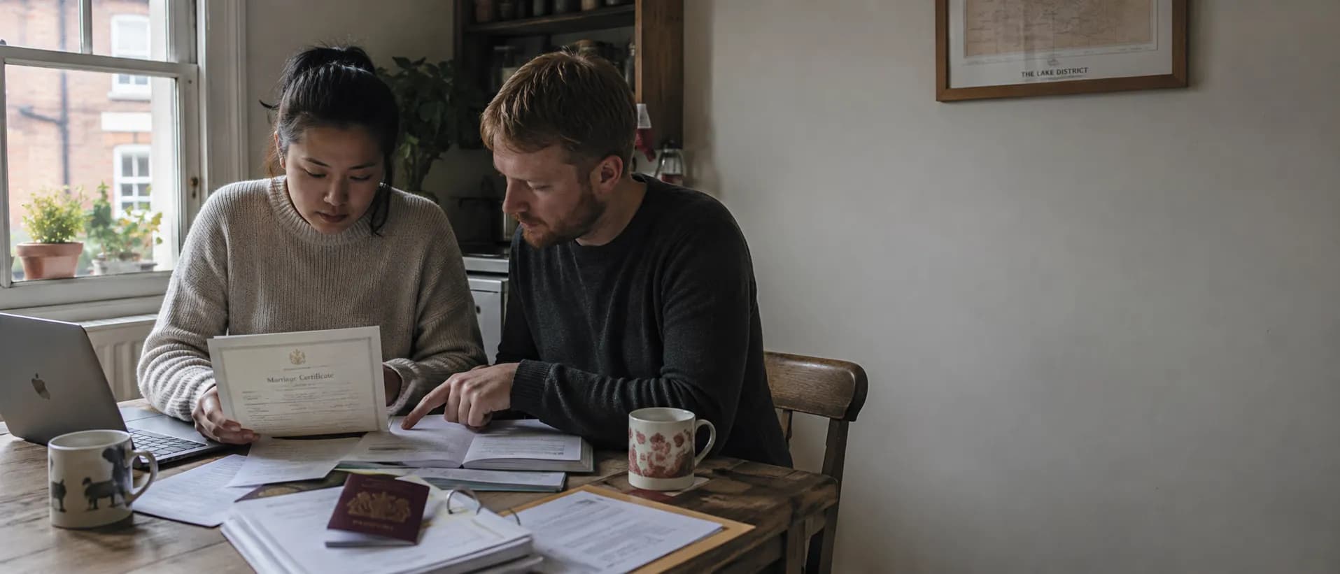 A couple at their kitchen table with a marriage certificate, two passports and bank statements, preparing a joint mortgage application.