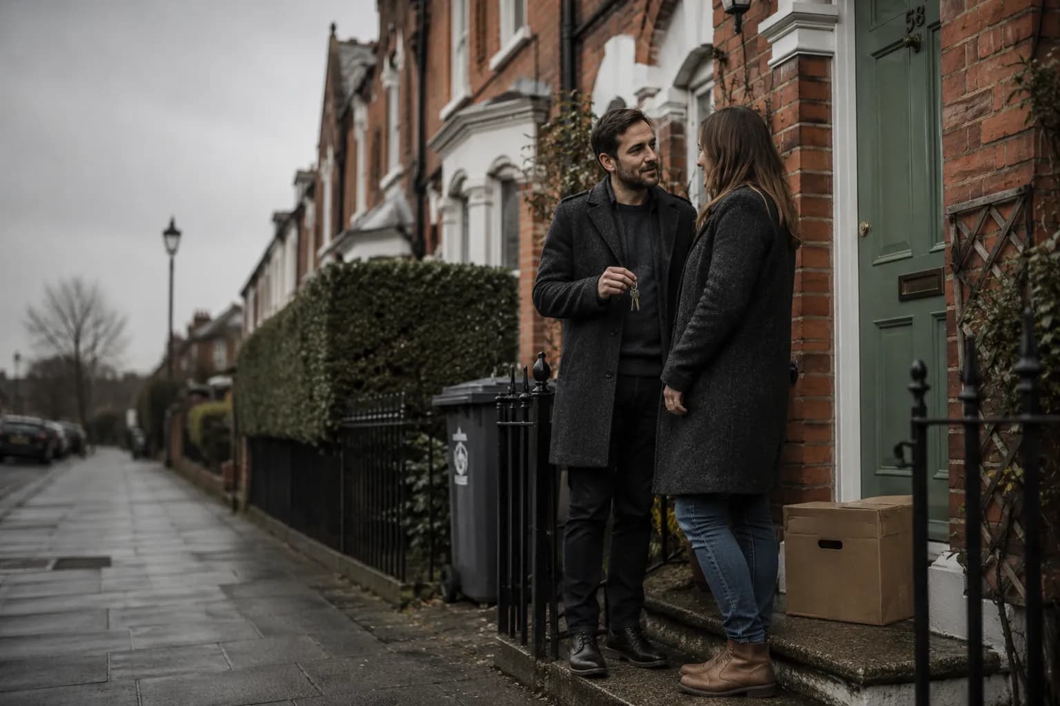 A couple on the front step of a Victorian terraced house with the keys to their new home.